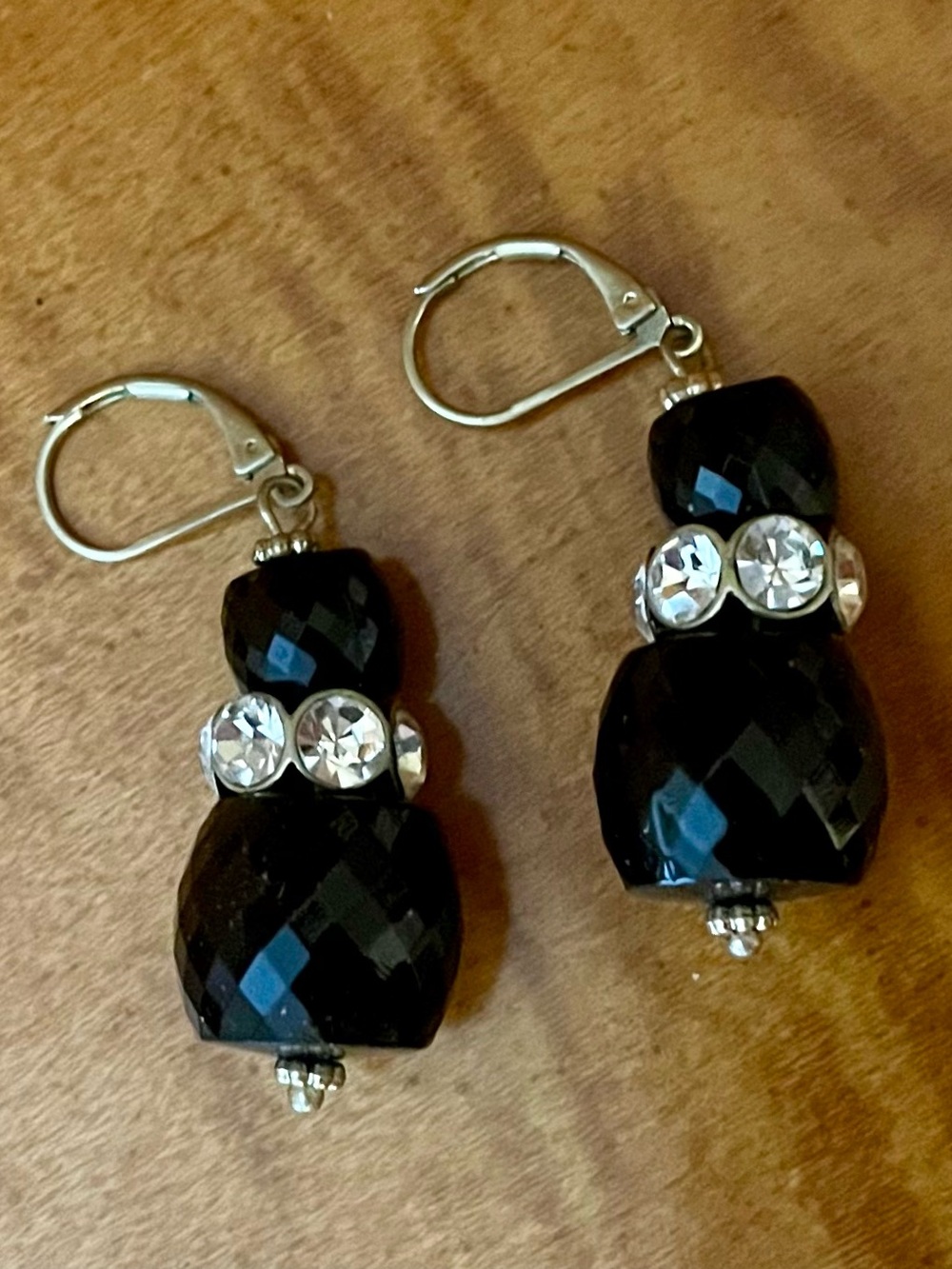Faceted Black Bead Drop Earrings with Clear Crystal Accents, won't fall off!